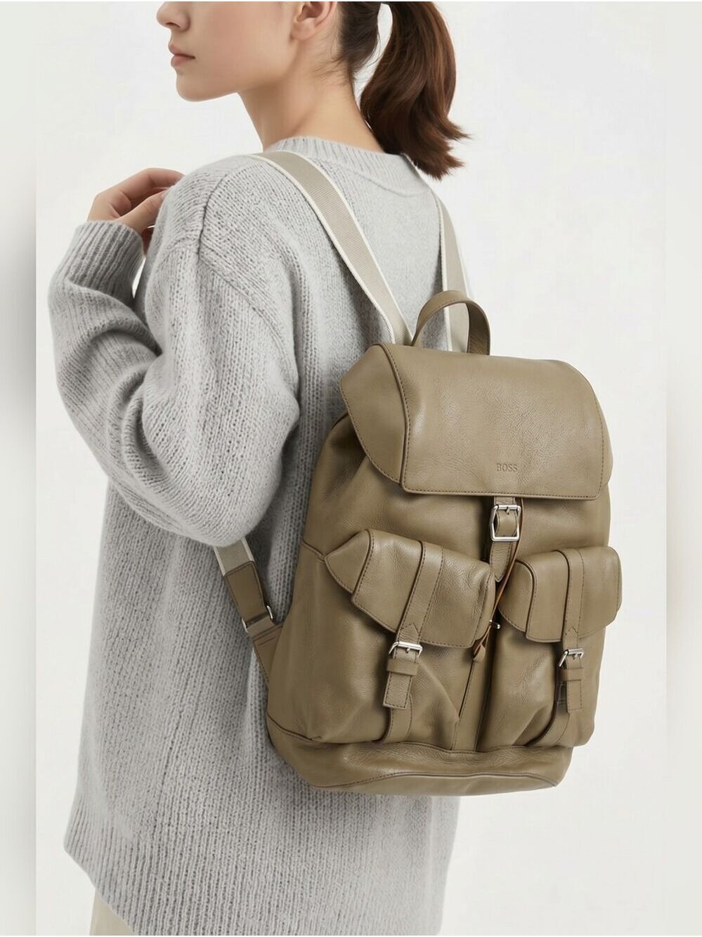BOSS HUGO BOSS Taupe Leather Backpack (Unisex)